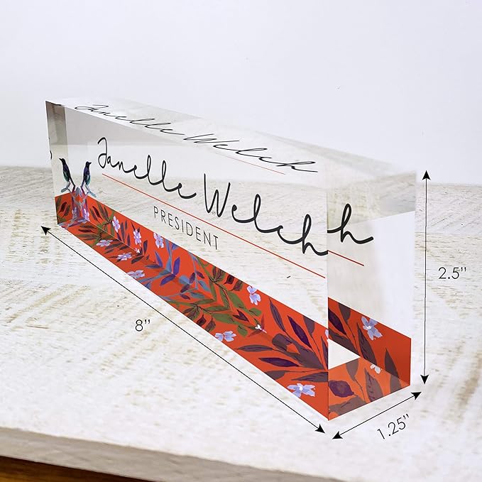 Artblox Office Desk Name Plate Personalized | Custom Name Plates for Desks | Bird Singing Design On Clear Acrylic Glass | Cute Office Desk Accessories Customized Gifts - (8" x 2.5")