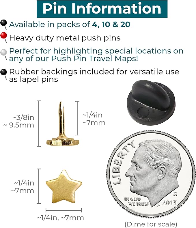 Mini Star Push Pins - Gold Mini Star Pins - for Cork Board, Maps, or Lapel Pin Use - Designed in USA - Set of 4