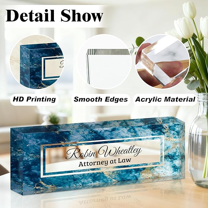 Ship Next Day-Custom Name Plate for Desk, Desk Name Plate Personalized, Acrylic Office Desk Accessories, Appreciation Gifts for Coworkers Employee Teachers Boss Women Men (Blue Marble)