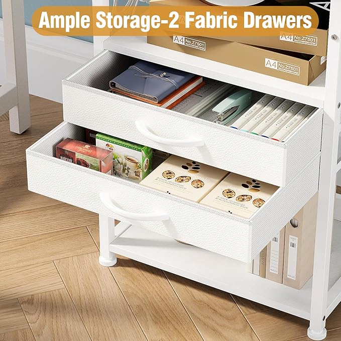 Large Printer Stand with Storage Fabric Drawer Under Desk Printer Table with Wheels for Home Office, Printer Cart fit Fax Machine Scanner (White, 3 Tiers)