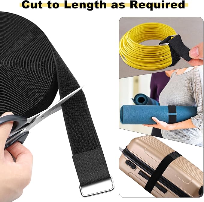 1.5"x32ft Hook and Loop Straps with 30 Metal Buckles, Adjustable Fastening Cable Straps, Cut-to-Length Cinch Strap, Reusable Nylon Securing Cord Ties for Organizer or Storage, Black