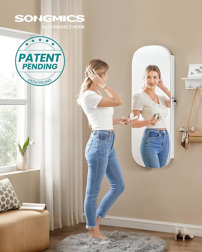 SONGMICS Jewelry Organizer, LED Jewelry Cabinet Wall/Door Mounted, Lockable Rounded Wide Mirror with Storage, Interior Mirror, 3.9 x 16.5 x 42.5 Inches, White Surface with Greige Lining