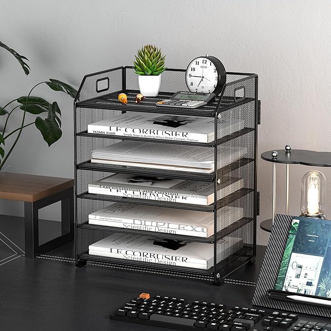 6-Tier Metal Paper Organizer, Black Letter Tray for Desk Office Supplies, Desktop File Folder Organizer Stand for Home, Office & Classroom Storage