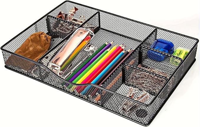 Desk Drawer Organizer Tray, Metal Mesh Drawer Organizers Office, 6 Adjustable Compartment, Desk Organizer Tray for Home Office 12.87L x 8.73D x 1.96H inch, Black, 1PC Medium