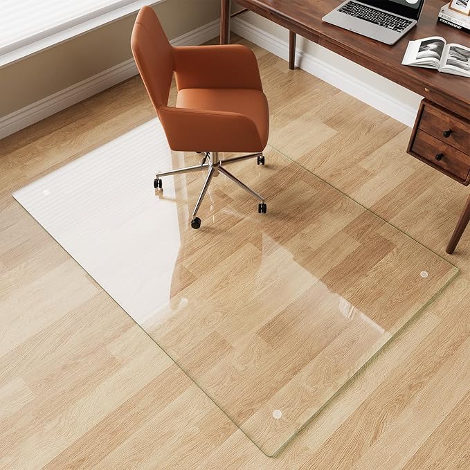 FlyEcho Glass Chair Mat 40" x 60" Heavy Duty Tempered Glass Office Chair Mat, Glass Floor Mat with Polished Edge and Round Corner for Smooth Glide, Carpet Hardwood Floor Protector