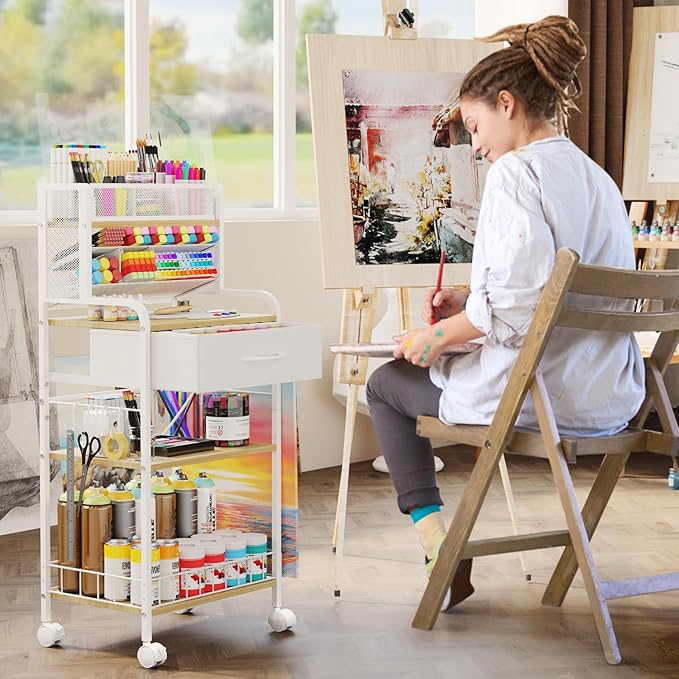 Art cart, 3 Tier Rolling Cart - Utility Cart with Storage Drawer and Wheels, Versatile Art & Craft Organizer for Home, Office, or Studio Ideal for Storing Brushes, Paints （ White）