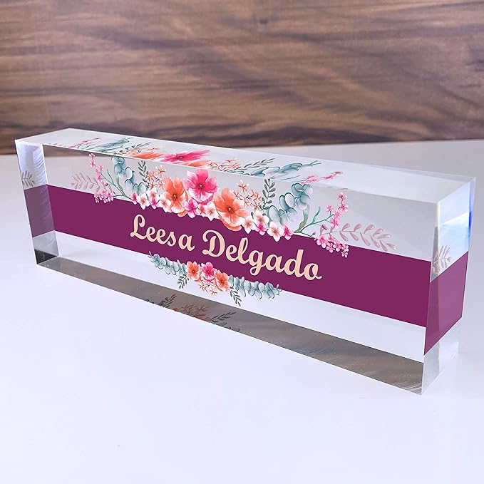 Artblox Office Desk Name Plate Personalized | Custom Name Plates for Desks | Wild Flowers Design On Clear Acrylic Glass | Office Desk Decor - (8" x 2.5")