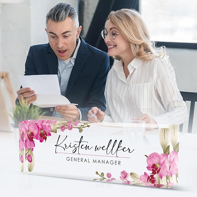 Personalized Desk Name Plate - Acrylic Accessory (Pink Butterfly Orchid)