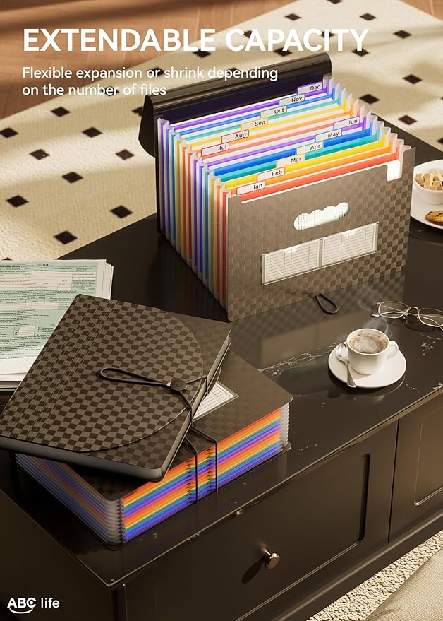 ABC life Accordion File Organizer 12 Pockets,Expanding File Folder/Portable A4 Letter Size Filling Box, Expandable Desktop Accordian Folder, Plastic Paper Document Coupon Organiser with Colored Labels