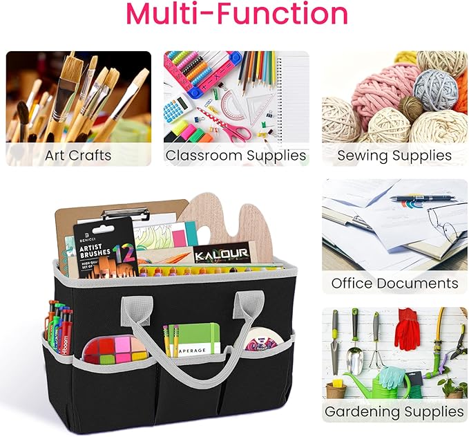 Godery Desktop Tote and Organizer, Teacher Helper Bag for Arts, Books, Stationery, Office Desk Organization, Make-up Storage with Handles for Travel (BLACK-2)