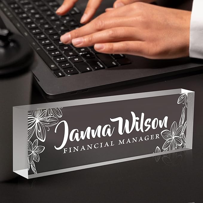 Name Plate for Desk, Premium Clear Plates Engraved Acrylic Desk Name Plate, Desk Name Plate Personalized, Custom Office Decor for Women or Men Coworkers, Boss, Employee, Teacher (Engraved 1)