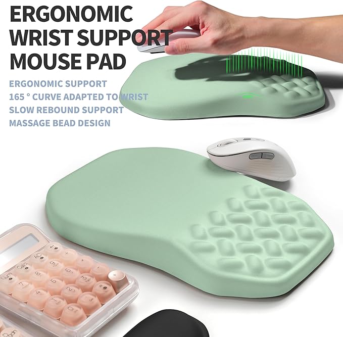 2-in-1 Ergonomic Set, Wave Keyboard Wrist Rest and Massage Slope Mouse Pad Wrist Support, Rebound Memory Foam for Relieve Carpal Tunnel Syndrome and Wrist Pain (Light Green)