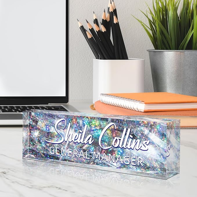 Custom Name Plate for Desk, Employee Appreciation Gifts, Office Decor, Acrylic Personalized Desk Accessories, Funny Gifts for Coworkers Boss Teacher (Silver Glitter)