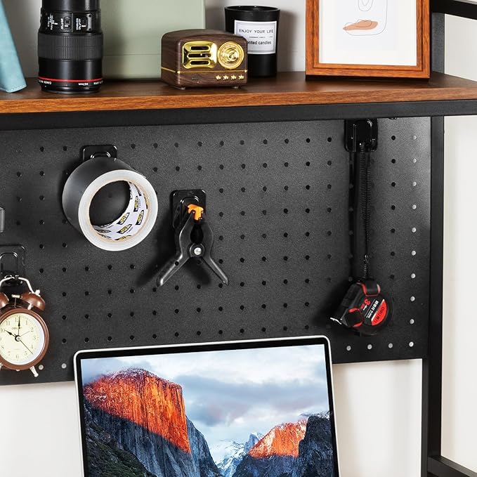 deli Desktop Bookshelf, Metal Desk Shelf Bookcase with Pegboard Hooks Set, 2 Tier Display Rack, Multipurpose Wood Desktop Hutch Storage Organizer for Dorm Office Home