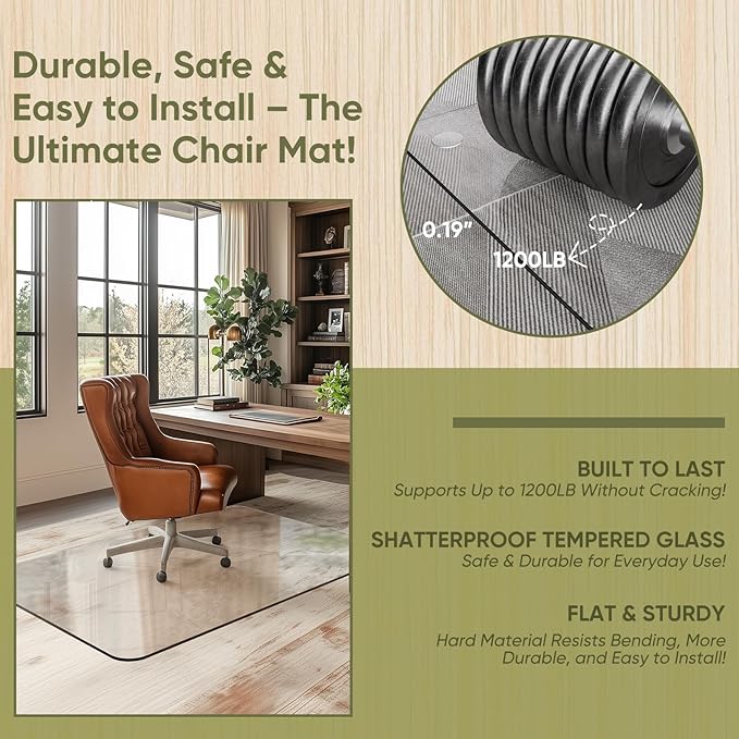 Furnbar Office Chair Mat for Carpet & Hardwood, Upgraded 32" x 48" Dual Use Tempered Glass Chair Mat for Chair and Footrest Under Desk