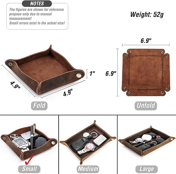 Top Grain Leather Desk Valet Tray Organizer for Man & Woman, Handmade Vintage Design, Foldable Design with Snap Buttons, Office Capacity Organizer Storage for Wallets/Watches/Keys/Coins, Coffee, Small