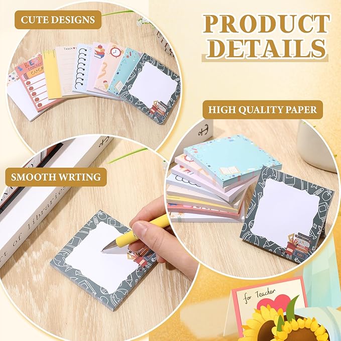 9 Pads Teacher Sticky Notes 3x3 Inch Cute Self Stick Notepads Notes Adhesive Memo Pad Office Decor Gifts for Students School Teacher Meeting Office Supplies