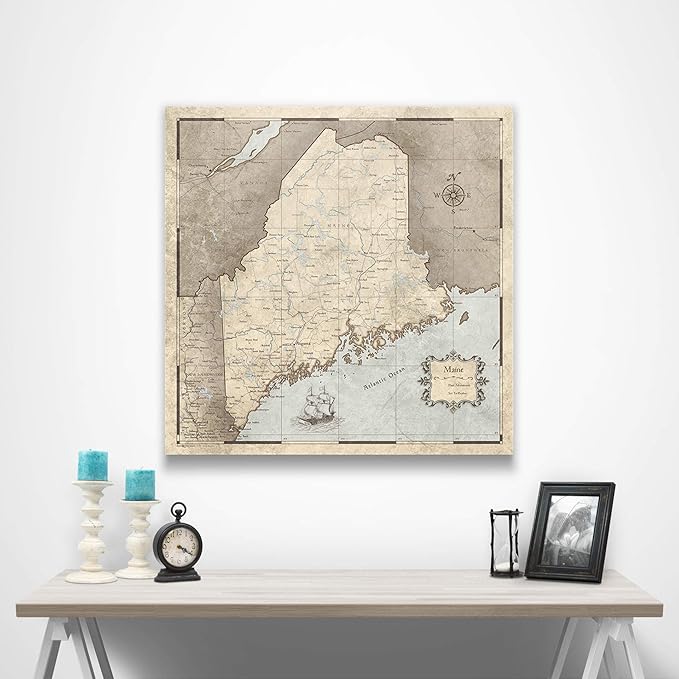 Push Pin Maine Map Board - With Push Pins to Mark Maine Travel - Handmade in Ohio, USA - Design: Rustic Vintage