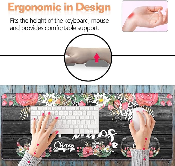 Ergonomic Keyboard Wrist Rest & Mouse Pad Wrist Rest Set,Large XXL Gaming Desk Mat 31.5"x 11.8",Non-Slip Base,Memory Foam,Easy Typing Pain Relief, Chaos Coordinator Quotes Colored Floral Wreath Print