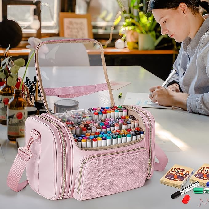 Marker Organizer Bag for 180-300 Markers, Large Marker Storage Case with Detachable Divider for Adults, Markers Travel Holder Case Bag for Various Markers or Other Art Craft Supply, Pink