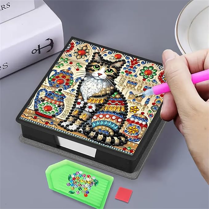 Cat Diamond Painting Kit Note Box,Cute Memo Paper Storage Box Diamond Art,Sticky Note Holder Diamond Art,Diamond Painting Memo Pad For Office Desk. (Cat)