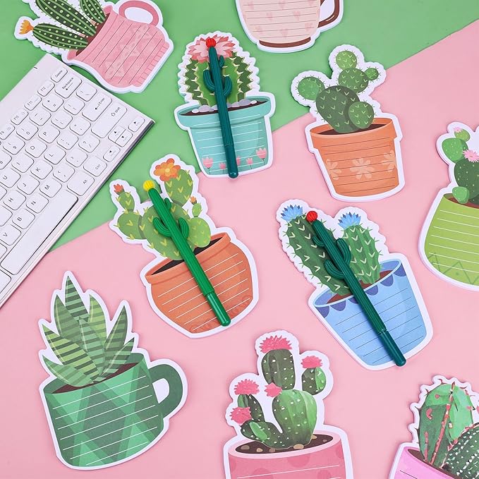 12 Sets Cactus Sticky Notes and Cactus Shaped Ballpoint Pens, Cute Self-Stick Notepads Plant Memo Pads for Office Supplies Party Favors, Christmas Gifts for Coworkers Teachers