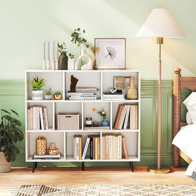 Tangkula 10-Cube Bookcase, Modern 47”L Storage Bookshelf with 5 Tapered Metal Legs & 2 Anti-Tip Kit, Freestanding Display Rack for Living Room, Study Room (White, 10-Cube)
