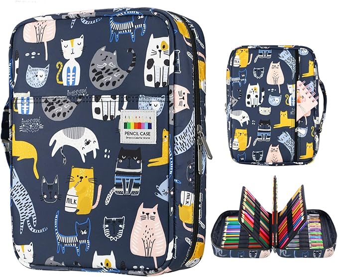 YOUSHARES Colored Pencil Case 220 Slots Pen Case Organizer With Handy Wrap & Zipper, Multilayer Holder for Prismacolor Colored Pencils & Gel Pen (Sports Cat)