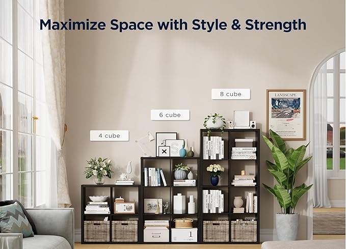 8 Cube Storage Organizer, Cube Shelf with Heavy-Duty Thick Boards, 25.12" L x 9.37" W x 48.74" H, Smooth Easy-Clean Panels, Simple Assembly, for Living Room Bedroom Home Office, Black