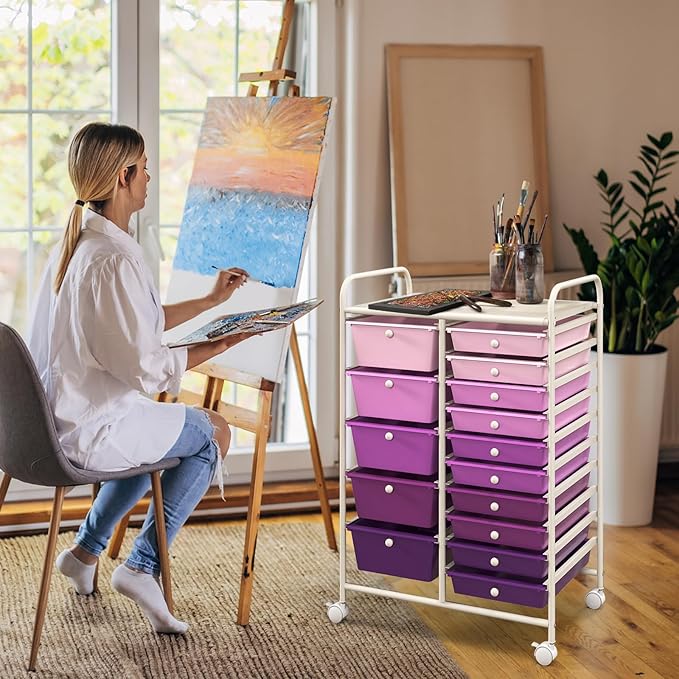 ARLIME 15-Drawer Storage Cart, 15 Drawer Trolley, Rolling Organizer Cart, Scrapbook Paper Organizer, Suitable for Office and School, Rolling Office Storage Tools (Purple Gradient)