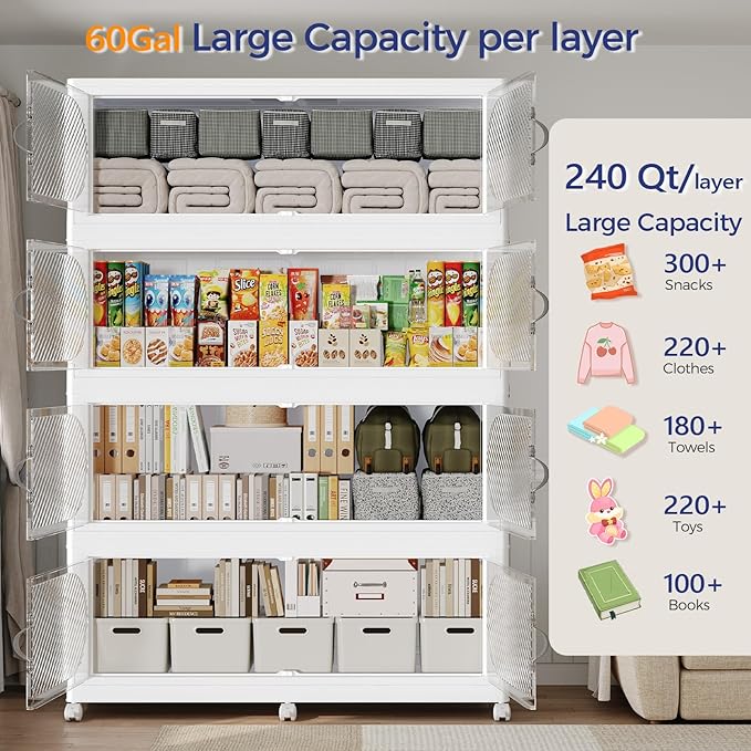 1200QT Extra Large Stackable Storage Bins with Lid, 300Gal Plastic Closet Organizers and Storage Drawer, Collapsible Cabinet Box with Wheels Clear Doors for Home Kitchen Office, 5Pack White