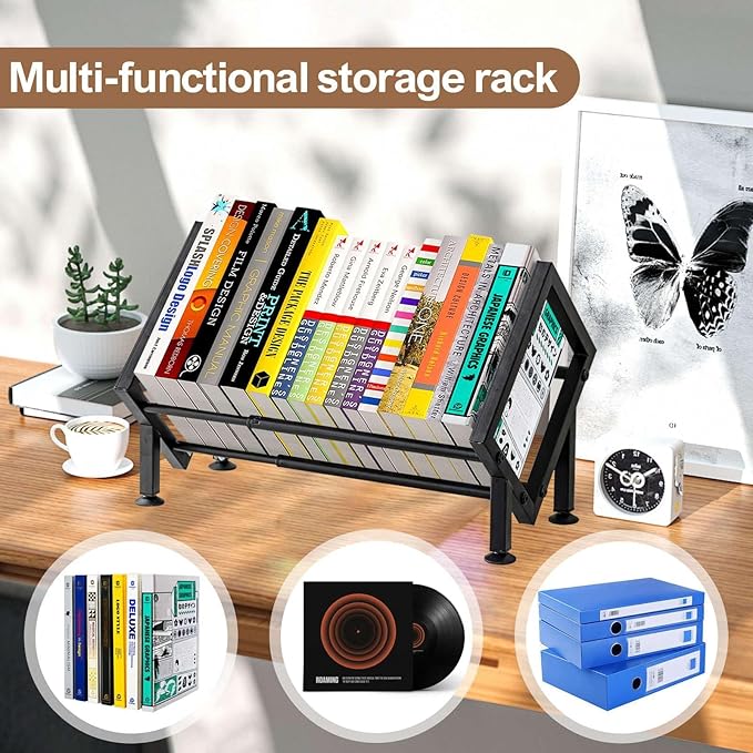 Adjustable Desktop Bookshelf for Desk Book Organizer, Tilting Tabletop Bookshelf in Office Home/Bedroom, Vinyl Record Storage Holder Book Rack for Magazine/CDs/Books/Vinyls Display (Patent Pending