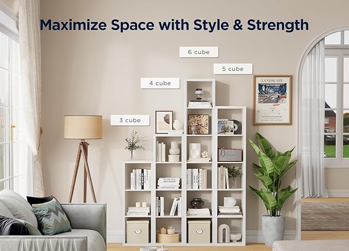 6 Cube Storage Organizer Single Row, Cube Shelf with Heavy-Duty Thick Boards, 13.31" L x 9.37" W x 72.36" H, Smooth Easy-Clean Panels, Simple Assembly, for Living Room Bedroom Office, White