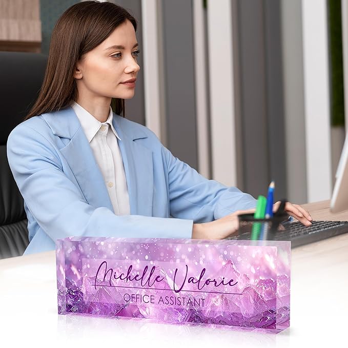 Personalized Office Name Plate, Custom Name Plate for Desks, Office Desk Decorations Gift for Women Men, Acrylic Desk Name Plate for Teacher Coworkers Staff Boss (Amethyst)
