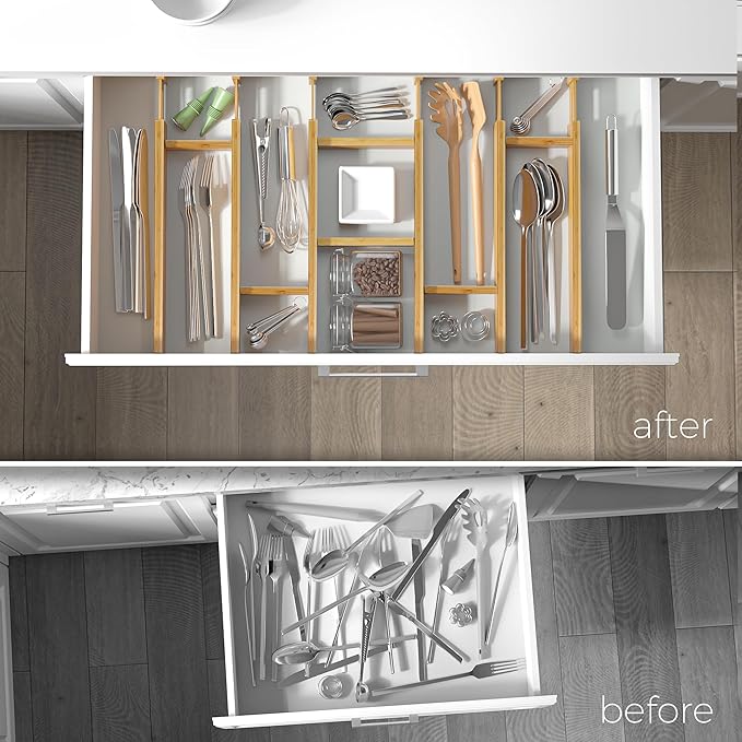 Adjustable Bamboo Drawer Dividers with Inserts, Expandable Spring-Loaded Drawer Organizer for Kitchen, Clothes, Tools, Silverware, Bamboo Organizer Separators - 6 Large Pieces