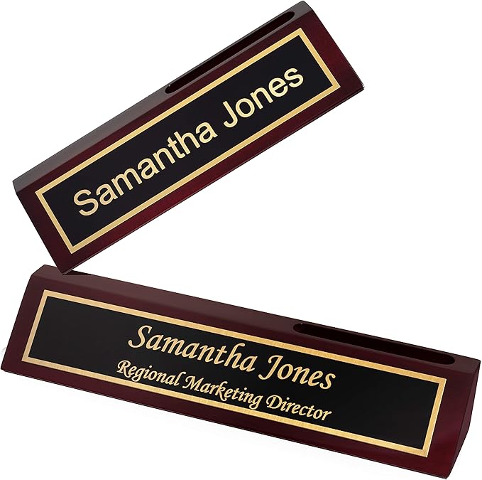 Providence Engraving Personalized Wood Desk Name Plate for Office with Custom Laser Engraved Piano Finish Desk Wedge in Black, 2x10