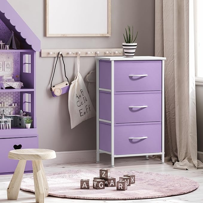Sorbus Nightstand with 3 Drawers - Bedside Furniture & Accent End Table Chest for Home, Bedroom Accessories, Office, College Dorm, Steel Frame, Wood Top, Pastel Fabric Bins (Purple)