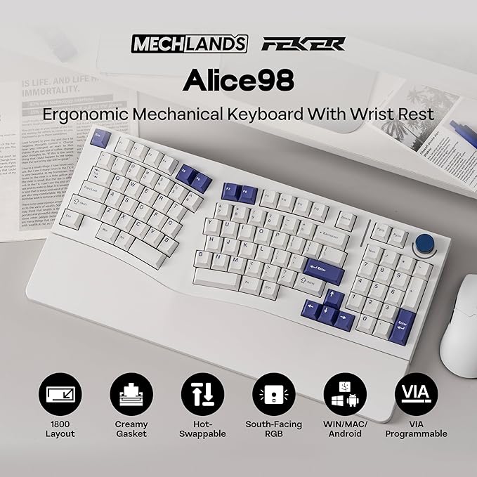 MechLands Feker Alice98 Ergonomic 98 Keys Custom Mechanical Keyboard, VIA Programmable, USB-C Wired Gaming Keyboard, Hot Swappable, 5 Layer Paddings, Control Knob, NKRO, RGB for Win/Mac (White)