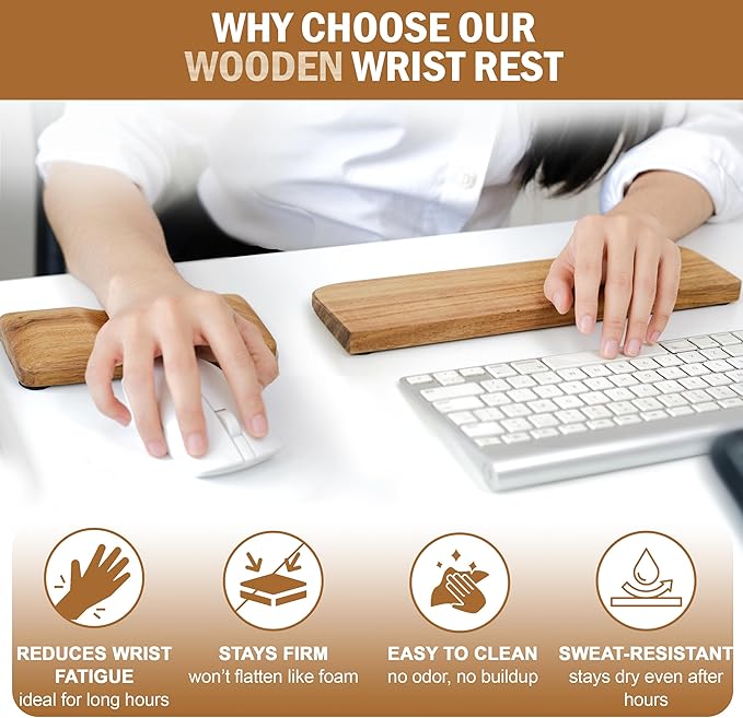 Acacia Wood Keyboard Wrist Rest & Mouse Pad Set – Ergonomic Wooden Support for Typing & Gaming, Non-Slip Base, Pain Relief, Easy to Clean, Fits 60% & 65% Mechanical Keyboards