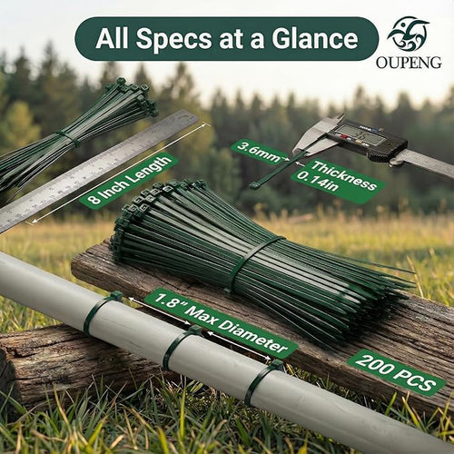 200PCS Nylon Zip Ties - 8 Inch Green,Multi-Purpose Self Locking Cable Ties,Ultra Strong Plastic Wire Ties with 40lb Tensile Strength,Cable Ties for Indoor and Outdoor Use
