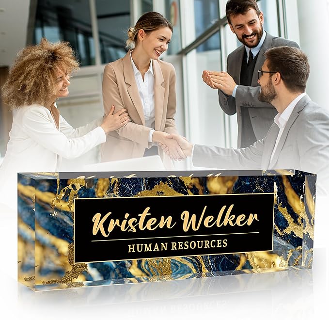 Desk Name Plate Personalized, Premium Black Gold Marble Acrylic Desk Name Plate, Personalized Name Plate for Desk, Office Decor for Women or Men Coworkers, Boss, Employee, Teacher