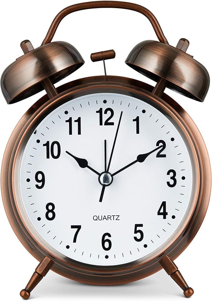 Bernhard Products Analog Alarm Clock Twin Bell Retro Copper Metal 4" Extra Loud Quartz Battery Operated with Backlight for Bedside Table Vintage Silent Non-Ticking Old fashioned Decorative Desk Clocks