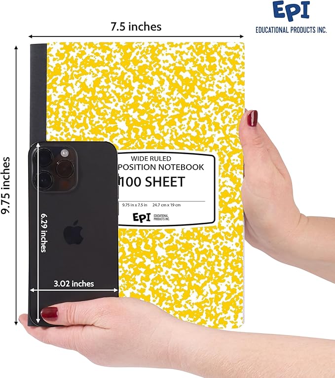 4 Pack EPI Wide Ruled Composition Notebook, Assorted Colors, Bulk, 200 pages (100 Sheets), 9-3/4 x 7-1/2, Marble, Bulk School Supplies, Hard Cover, Durable, Office Notebooks, Sturdy Sewn Binding