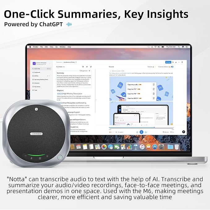 AISPEECH Bluetooth Conference Speakerphone M6 Conference Microphone with AI Noise Reduction AI Transcription Full-Duplex 360° Omnidirectional Voice Pickup USB Speaker for Teams Zoom Home Office, Black