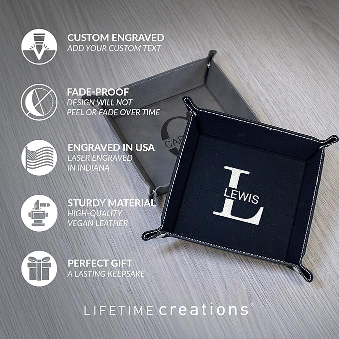 Lifetime Creations Personalized Valet Tray with Last Name and Initial (Gray) - Vegan Leather Catchall, Monogrammed, Organizer, Groomsmen Gift