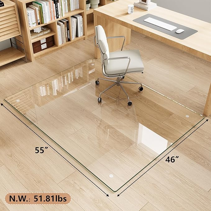 Tempered Glass Chair Mat for Carpet & Hard Floor, 46"x55" Office Chair Mat - Heavy Duty & Scratch Resistant, Non-Slip Pads, Rounded Corners & Polished Edges