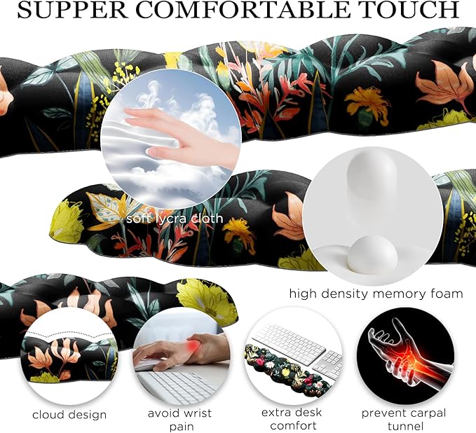JIKIOU Cloud Wrist Rest Keyboard, Cloud Keyboard Wrist Pad Set with Comfortable Cloth, Cute Arm Rest for Palm Support, PC/Gaming Desk Accessories/Office Setup/Computer Hand Cushion Black Flowers