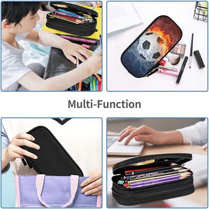 Boys Soccer Pencil Case with Cool Fire & Water Pattern Printed, Portable Pencil Box Pouch with Zipper Sports-Themed Stationery Supplies Pen Bag for Kids Teens for School