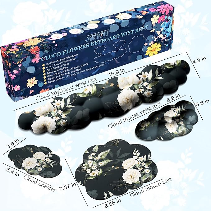 JIKIOU Cloud Wrist Rest Keyboard, Cloud Keyboard Wrist Pad Set with Comfortable Cloth, Cute Arm Rest for Palm Support, PC/Gaming Desk Accessories/Office Setup/Computer Hand Cushion Peony