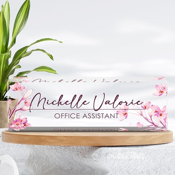 Personalized Name Plate for Desk, Custom Desk Name Plate, Acrylic Name Plate Office Desk Accessories, Personalized Office Gifts for Coworkers Teachers, Employee Appreciation Gifts (A-Pink Flower)